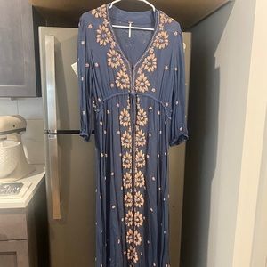 Free People Embroidered Fable Midi Dress (blue with light pink embroidery)